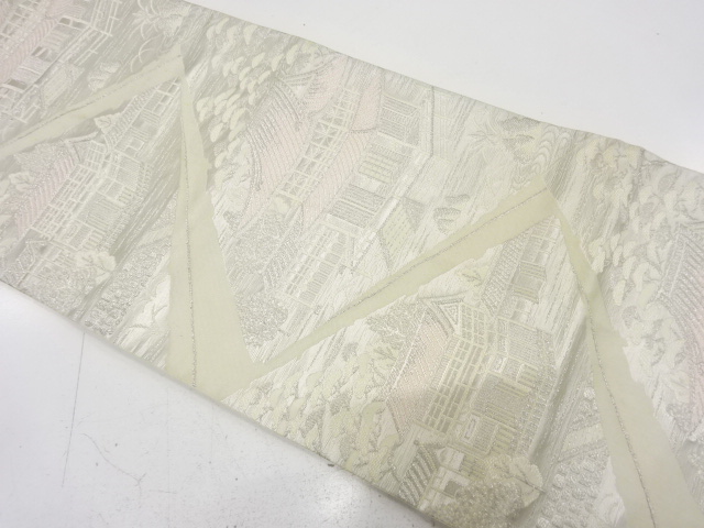 JAPANESE KIMONO / ANTIQUE FUKURO OBI / SILK / WOVEN SCENERY OF TEMPLE